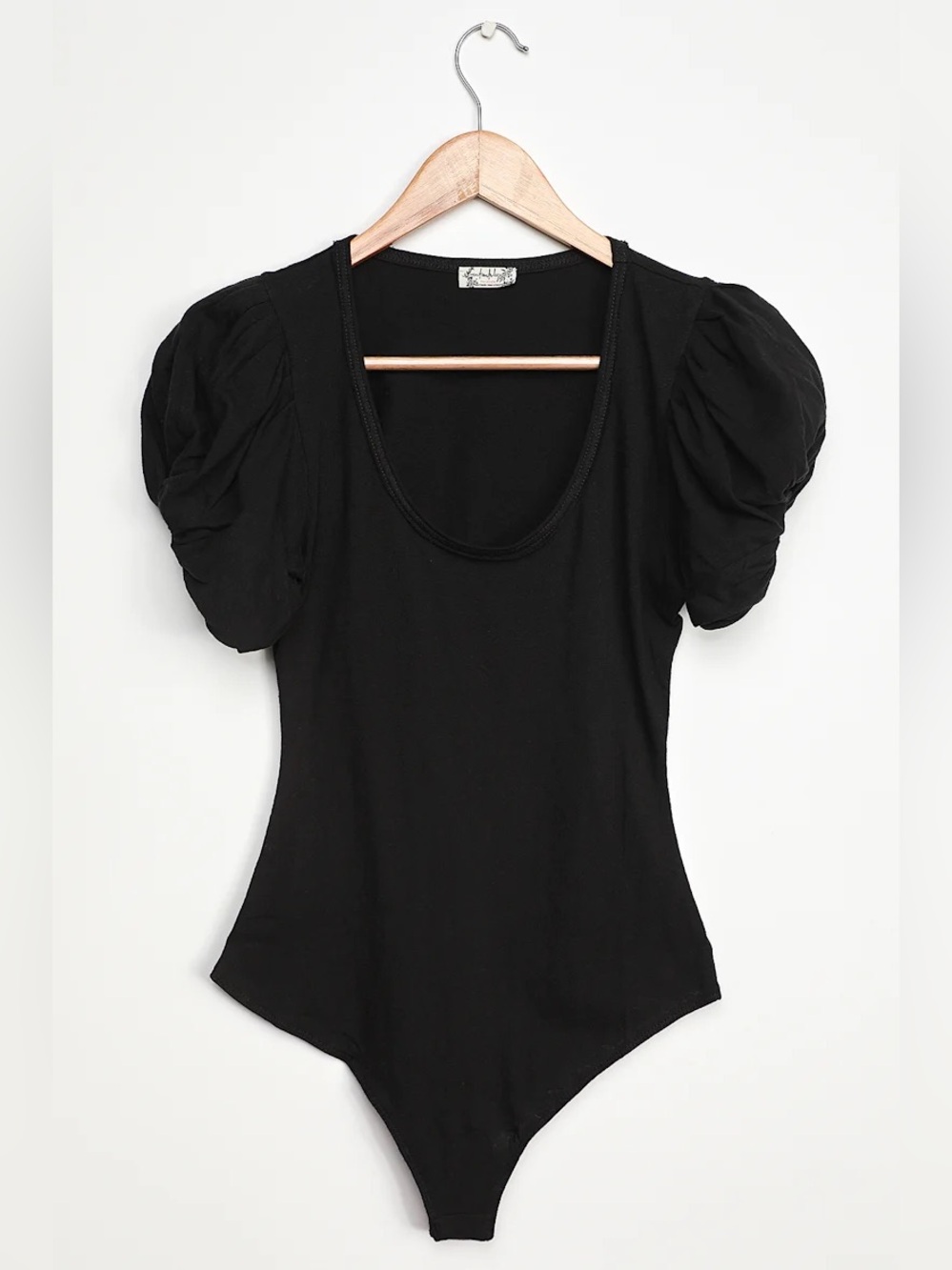 Free People Ava Black Puff Sleeve Bodysuit in Black NWT